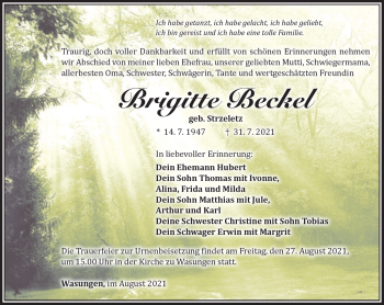 Traueranzeige von Brigitte Beckel von Südthüringer Presse