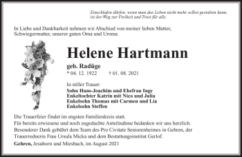 Traueranzeige von Helene Hartmann von Südthüringer Presse