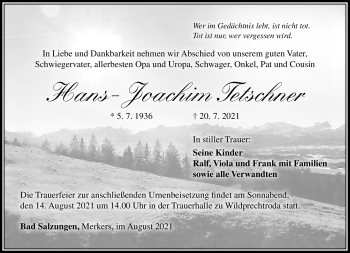 Traueranzeige von Hans-Joachim Tetschner von Südthüringer Presse