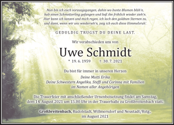 Traueranzeige von Uwe Schmidt von Südthüringer Presse