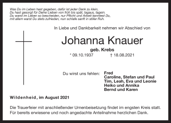Traueranzeige von Johanna Knauer von Neue Presse Coburg