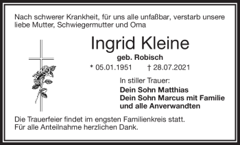 Traueranzeige von Ingrid Kleine von Frankenpost