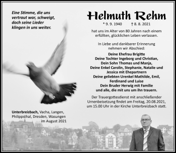 Traueranzeige von Helmuth Rehm von Südthüringer Presse