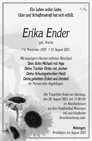 Traueranzeige von Erika Ender von Südthüringer Presse
