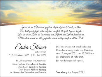 Traueranzeige von Erika Steiner von Südthüringer Presse