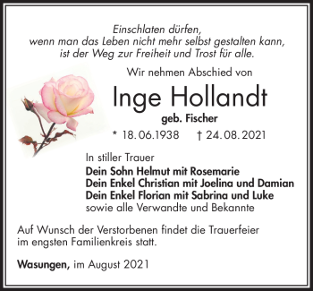 Traueranzeige von Inge Hollandt von Südthüringer Presse