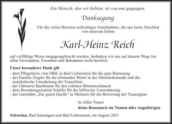 Traueranzeige von Karl-Heinz Reich von Südthüringer Presse