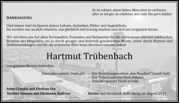 Traueranzeige von Hartmut Trübenbach von Südthüringer Presse