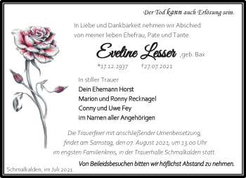Traueranzeige von Eveline Lesser von Südthüringer Presse