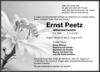 Traueranzeige von Ernst Peetz von Frankenpost