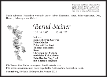 Traueranzeige von Bernd Schneider von Südthüringer Presse