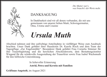 Traueranzeige von Ursula Muth von Südthüringer Presse