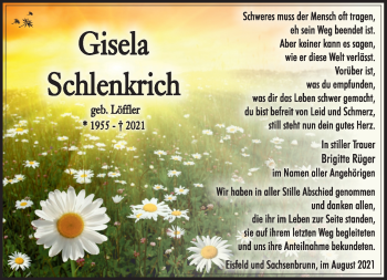 Traueranzeige von Gisela Schlenkrich von Südthüringer Presse