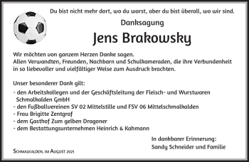 Traueranzeige von Jens Brakowsky von Südthüringer Presse
