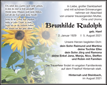 Traueranzeige von Brunhilde Rudolph von Südthüringer Presse