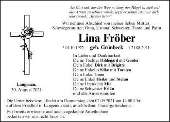 Traueranzeige von Lina Fröber von Neue Presse Coburg