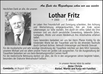 Traueranzeige von Lothar Fritz von Neue Presse Coburg