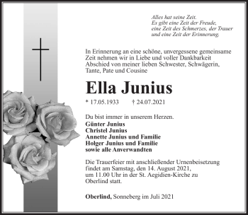 Traueranzeige von Ella Junius von Südthüringer Presse
