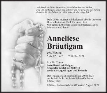 Traueranzeige von Anneliese Bräutigam von Südthüringer Presse