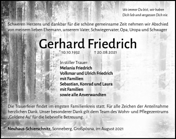 Traueranzeige von Gerhard Friedrich von Südthüringer Presse