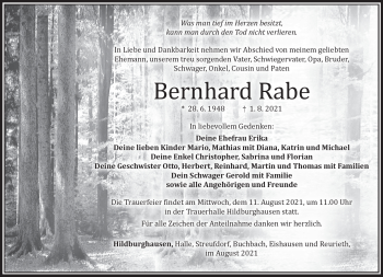 Traueranzeige von Bernhard Rabe von Südthüringer Presse