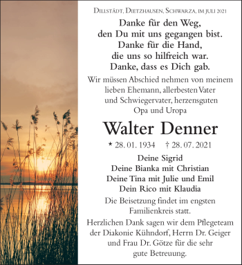 Traueranzeige von Walter Denner von Südthüringer Presse