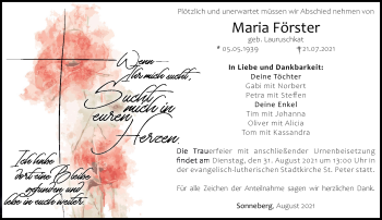 Traueranzeige von Maria Förster von Südthüringer Presse