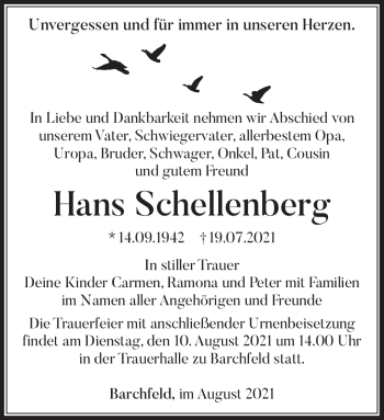 Traueranzeige von Hans Schellenberg von Südthüringer Presse