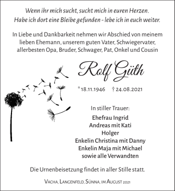 Traueranzeige von Rolf Güth von Südthüringer Presse