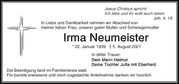 Traueranzeige von Irma Neumeister von Frankenpost