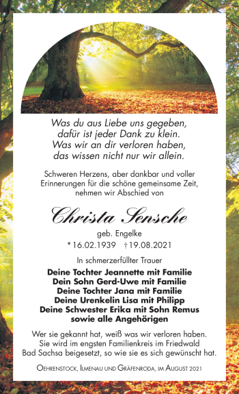 Traueranzeige von Christa Sensche von Südthüringer Presse