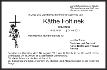 Traueranzeige von Käthe Foltinek von Frankenpost