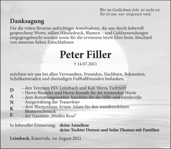 Traueranzeige von Peter Filler von Südthüringer Presse