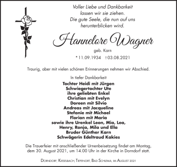 Traueranzeige von Hannelore Wagner von Südthüringer Presse