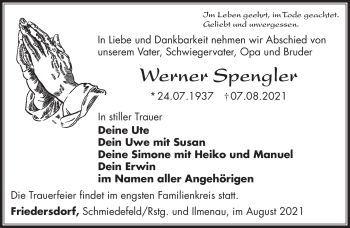 Traueranzeige von Werner Spengler von Südthüringer Presse