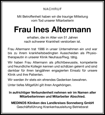 Traueranzeige von Ines Altermann von Neue Presse Coburg