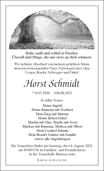 Traueranzeige von Horst Schmidt von Südthüringer Presse