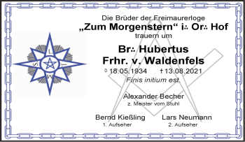 Traueranzeige von Hubertus Frhr. v. Waldenfels von Frankenpost