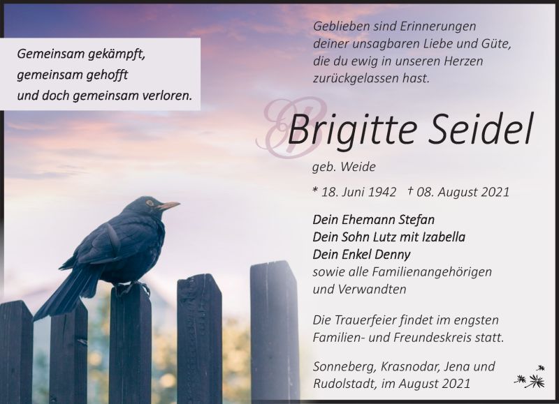  Traueranzeige für Brigitte Seidel vom 14.08.2021 aus Südthüringer Presse