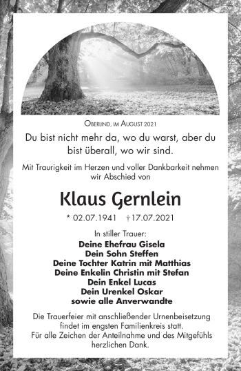 Traueranzeige von Klaus Gernlein von Südthüringer Presse