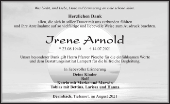 Traueranzeige von Irene Arnold von Südthüringer Presse