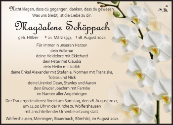 Traueranzeige von Magdalene Schöppach von Südthüringer Presse