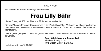 Traueranzeige von Lilly Bähr von Neue Presse Coburg