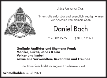 Traueranzeige von Daniel Bach von Südthüringer Presse