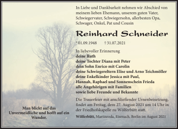 Traueranzeige von Reinhard Schneider von Südthüringer Presse