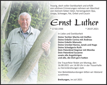 Traueranzeige von Ernst Luther von Südthüringer Presse