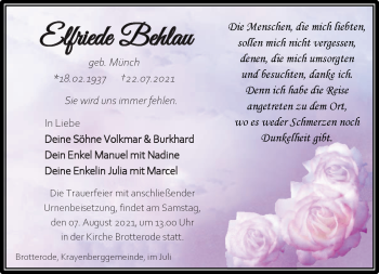 Traueranzeige von Elfriede Behlau von Südthüringer Presse