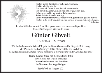 Traueranzeige von Günter Gilweit von Südthüringer Presse