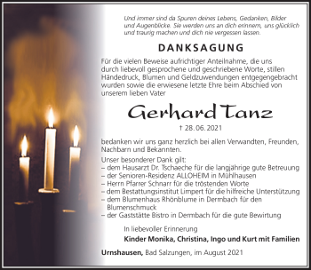 Traueranzeige von Gerhard Tanz von Südthüringer Presse