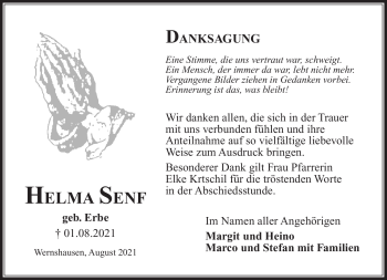 Traueranzeige von Helma Senf von Südthüringer Presse
